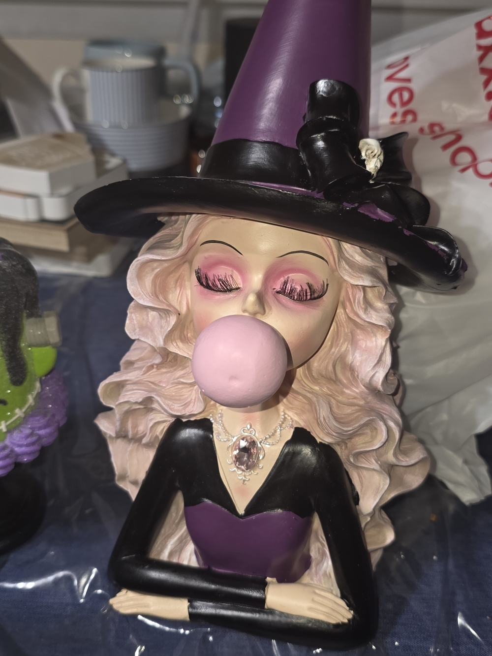 Purple Witch Bust Figurine with Pink Bubblegum